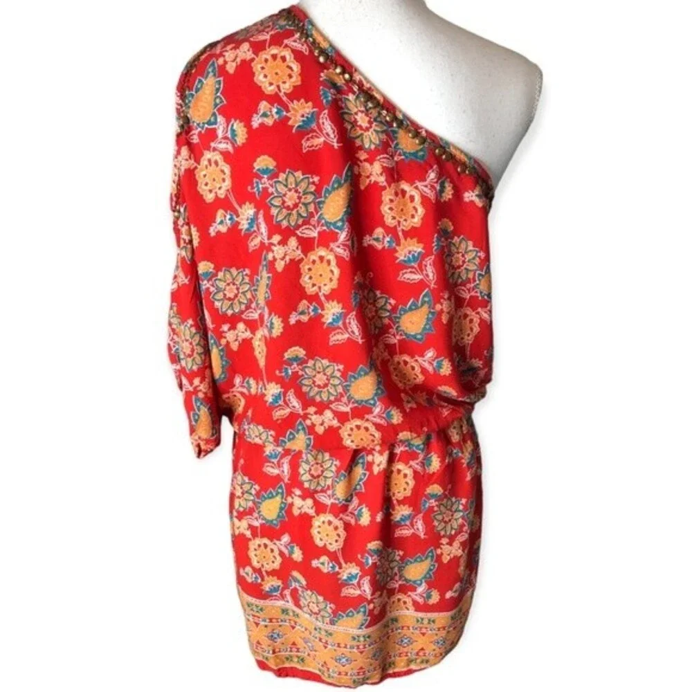 Angie One Shoulder Floral Studded Details Cold Shoulder Mini Dress